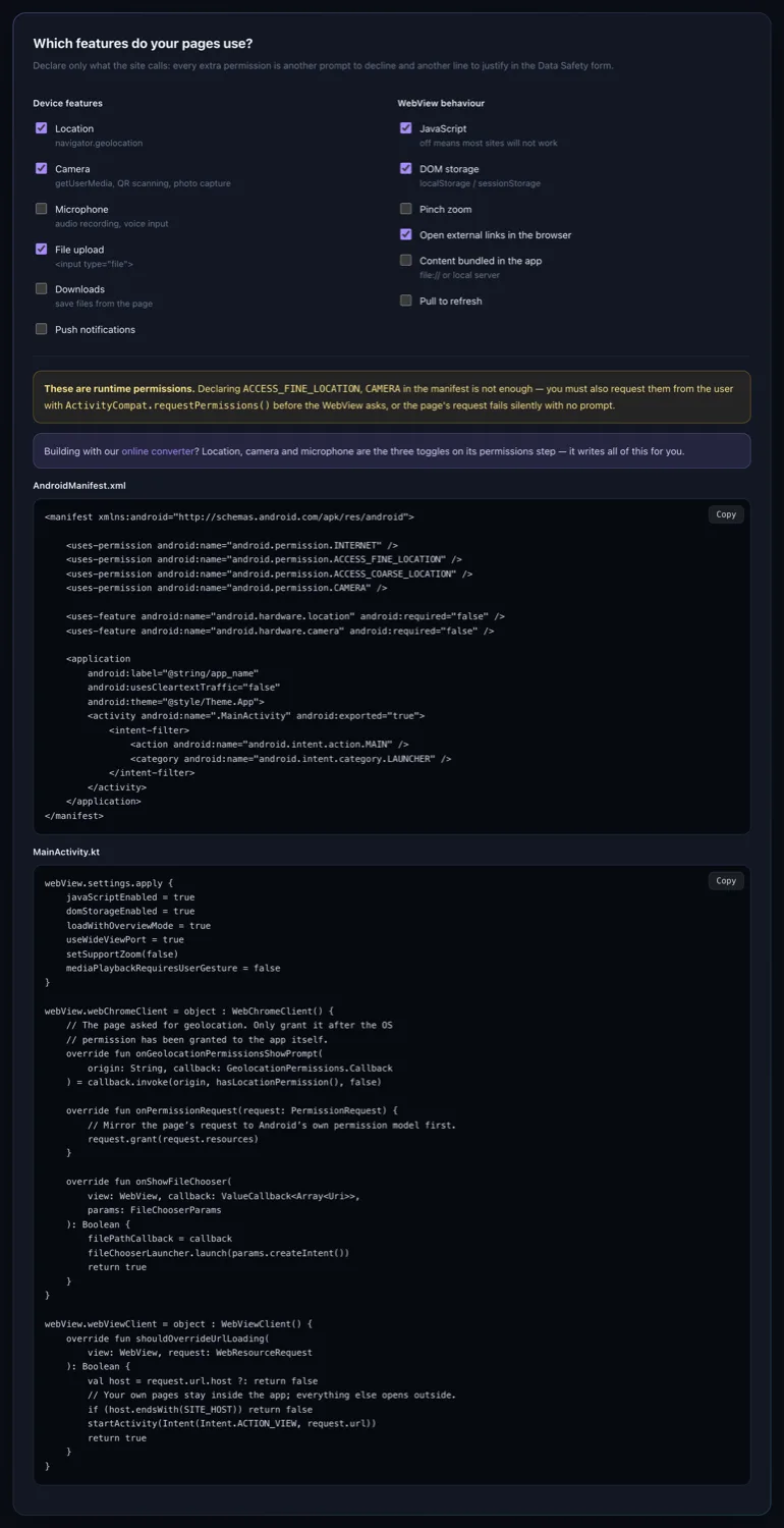 The WebView config generator producing manifest permissions and Kotlin settings for camera, location and file upload